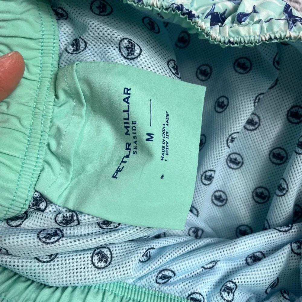 Peter Millar Seaside Mens Blue Teal Fish Print Swim Trunks Shorts Size M